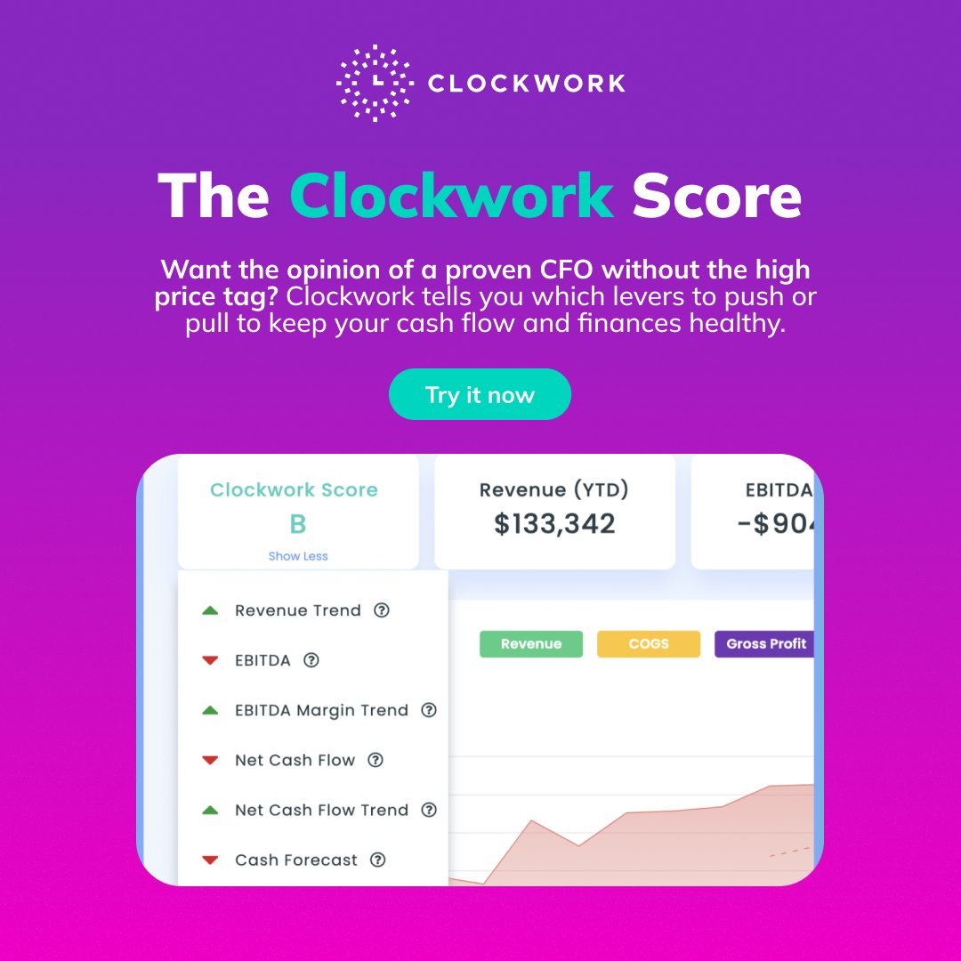 🫣 Ever peeked at your credit score's inner workings? 

Imagine that, but for your BUSINESS! Use the Clockwork Score and keep a pulse on revenue growth, profitability, and cash flow.

Try it now: bit.ly/45kITgU

#businesstips #financetools #accounting