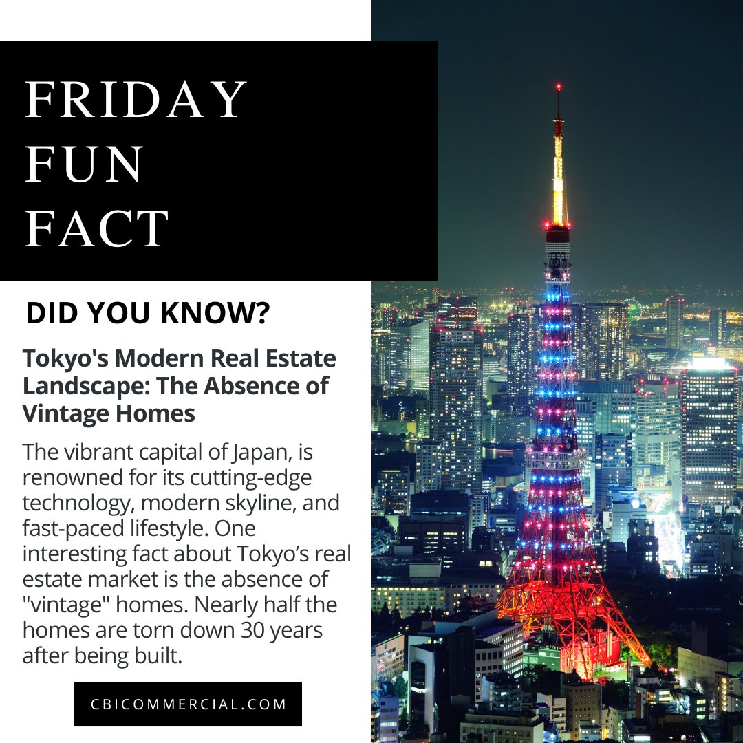 CBI_Commercial's tweet photo. Dive into the futuristic realm of Tokyo's real estate market in our #FridayFunFact! 🌆 Did you know that the modern skyline of Tokyo seldom houses the charm of "vintage" homes? #TokyoRealEstate #ModernSkyline #RealEstateFacts #FutureFridays #CBICOMMERCIAL https://t.co/z2O6q2c7GO