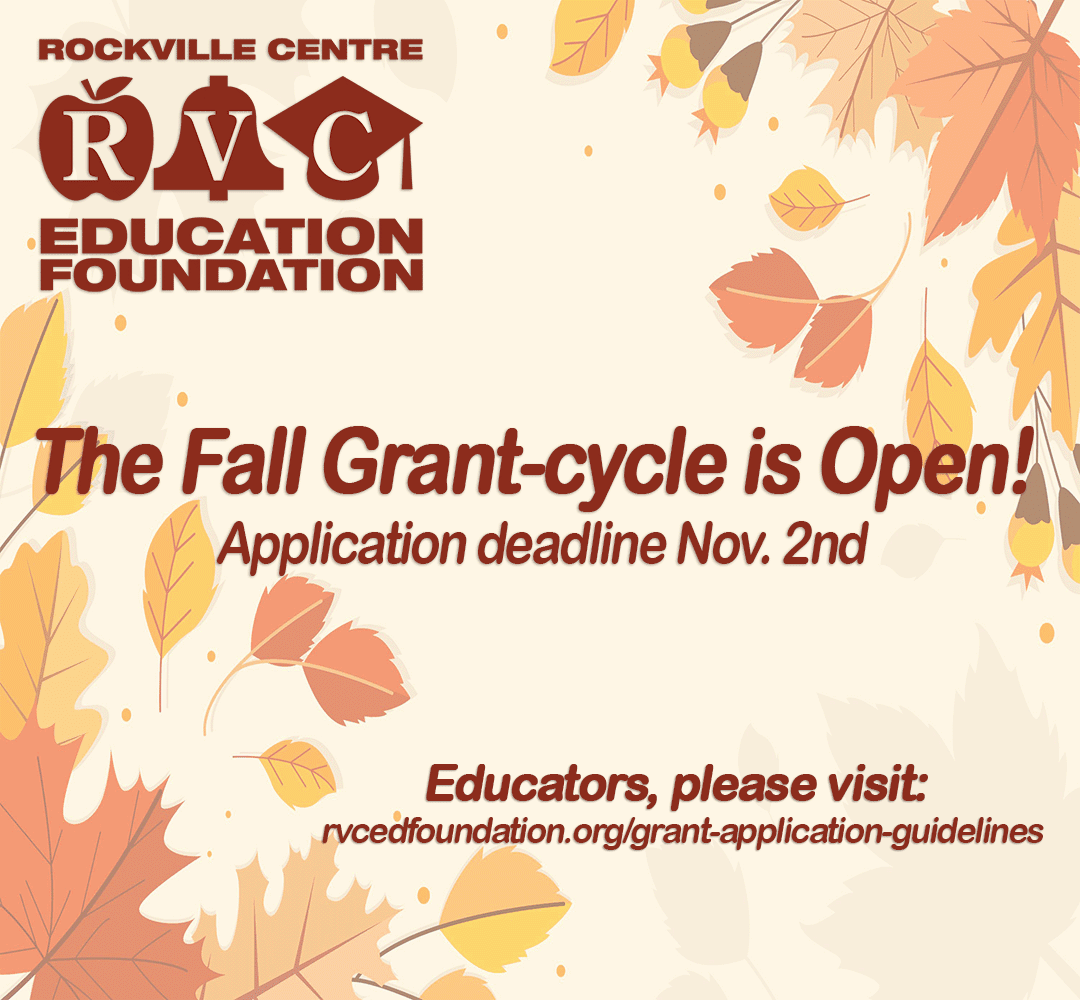 The Fall Grant Cycle is now open for RVC School District Educators! Learn how to apply here: rvcedfoundation.org/grant-applicat…🤩 Deadline: November 2⏰ #GameOnRVC <a href="/RVCSchools/">Rockville Centre School District</a> <a href="/mattgct/">Matt Gaven</a> <a href="/Colemoriarty/">Nicole Moriarty, Ed.D</a>