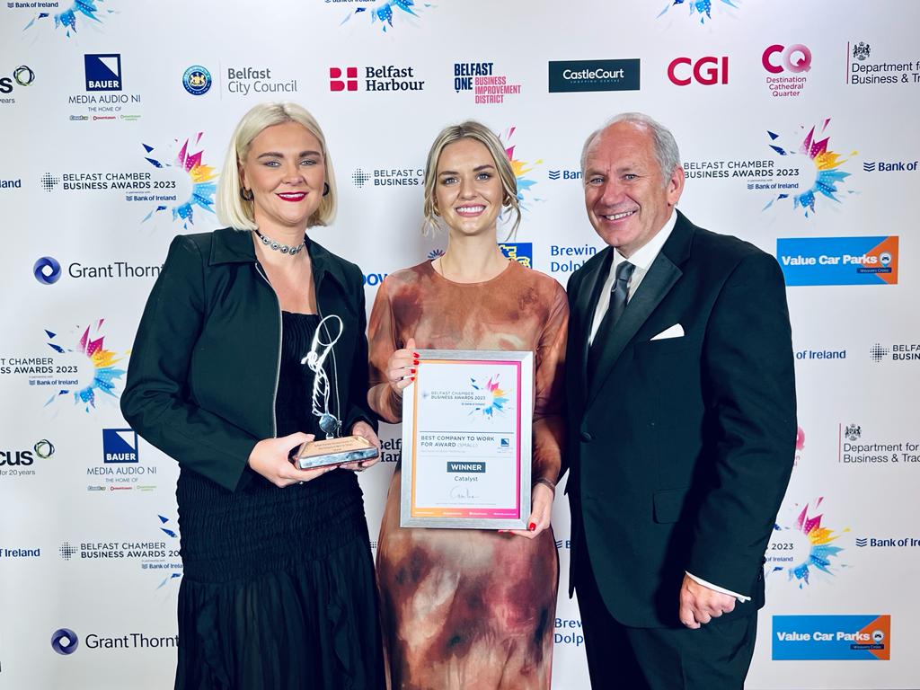 BelfastChamber's tweet photo. The penultimate award of the night is the prestigious Best Company to Work For Award which we split into large and small business this year and is sponsored by Bauer Media. @BauerMediaNI Congratulations to our small business winner Catalyst @CatalystNI_ #BelfastBusinessAwards https://t.co/Z0GlOpJ0rO