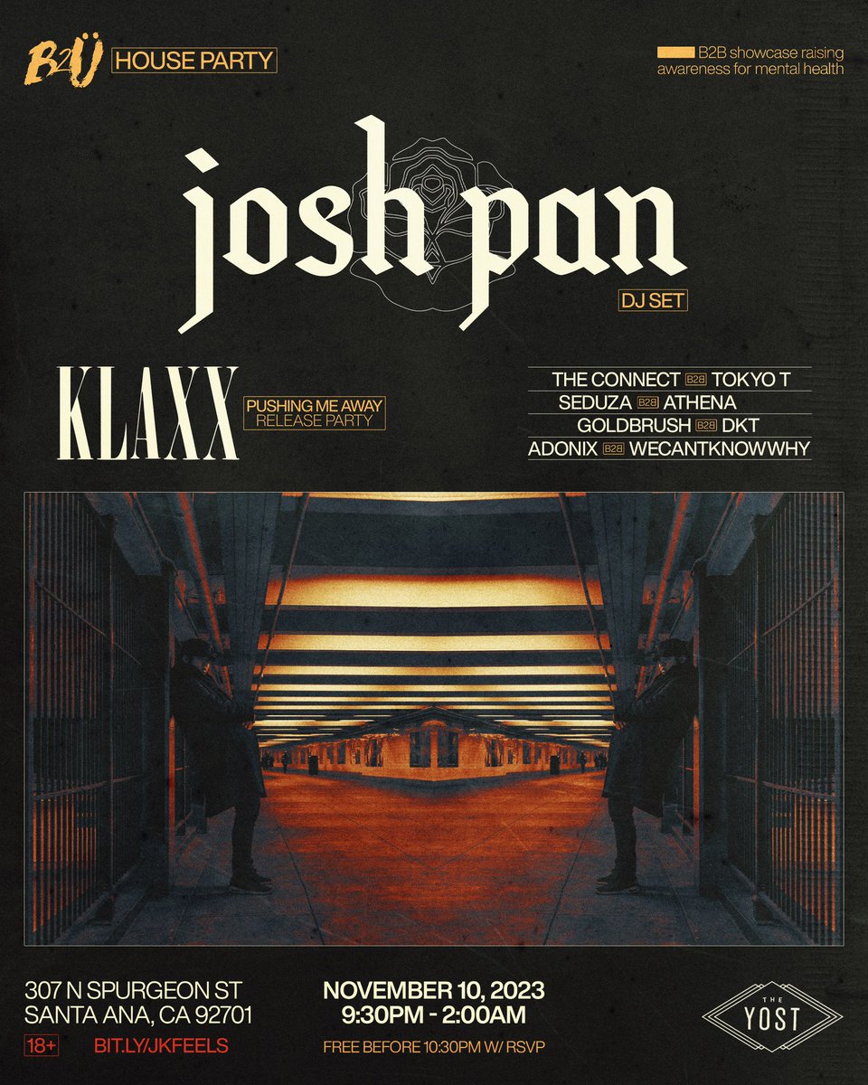 OC, we’re coming back 2 ü for the very first time and throwing a “HOUSE PARTY” w/  <a href="/joshpan/">木白木木</a> at the legendary @yostnightlife + celebrating the announce of @klaxxmusic EP “Pushing Me Away” 11/10. RSVP is FREE b4 10:30. 

See y’all there✨ 

RSVP: bit.ly/jkfeels
