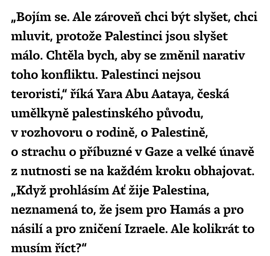 Na <a href="/enkocz/">Deník N</a> vyšel rozhovor s Yarou. V tom všem co tu týdny lítá mi to přijde jako potřebný pohled člověka, kterého se to, co se děje bytostně týká, který to narozdíl od většiny lidí s názorem na všechno od očkování po blízký východ žije na vlastní kůži. ♥️💔 díky za to.