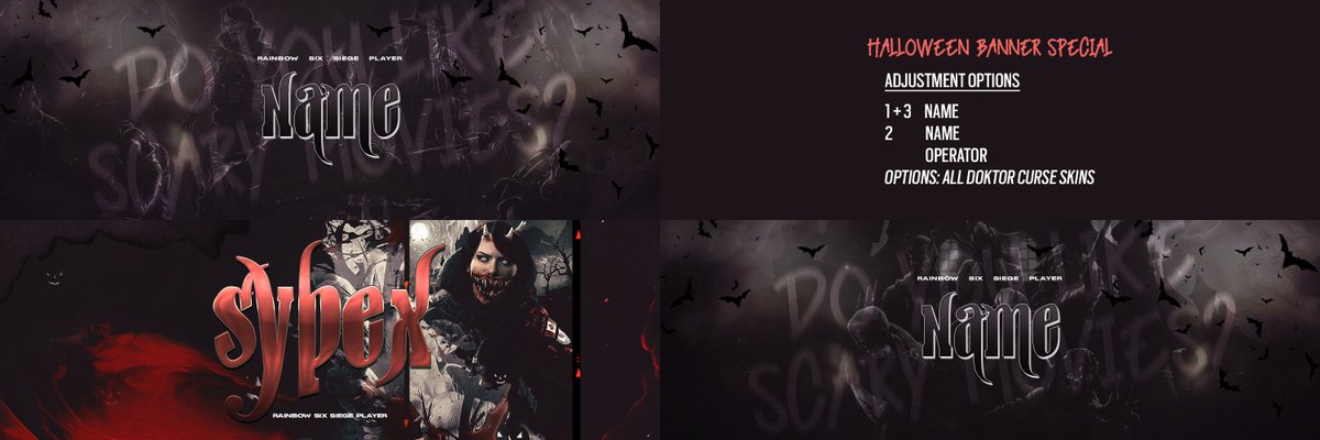 👻 𝗛𝗮𝗹𝗹𝗼𝘄𝗲𝗲𝗻 𝗕𝗮𝗻𝗻𝗲𝗿 𝗦𝗽𝗲𝗰𝗶𝗮𝗹 👻

I got asked for Halloween themed R6 remades - here are the options. All are based on the Doktor Curse event skins! (all are available to be used for design #2)

DM if interested. 🎃
