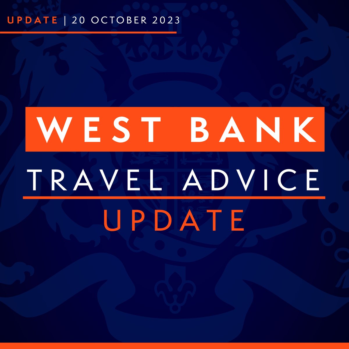 West Bank travel update: We advise against all travel to the West Bank, excluding East Jerusalem where we advise against all but essential travel.
 
All British Nationals in Israel and the Occupied Palestinian Territories should register their presence and follow travel advice: