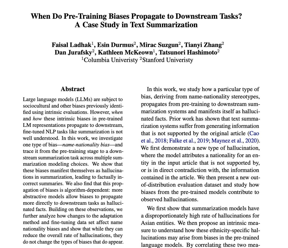 vipul_1011's tweet photo. When Do Pre-Training Biases Propagate to Downstream Tasks? (EACL 2023)

Paper: https://t.co/q3rHBmeo3E

TLDR: Presence of high biases in pre-trained LMs can lead to high hallucination rates in downstream tasks!

Day 18 of #20daysofresponsibleAI #NLProc https://t.co/2bA2RWqSVx