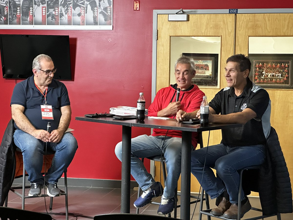 Sam Laskaris from <a href="/windspeakernews/">Windspeaker</a> hosting an interview with Everett Sanipass and John Chabot  at the Indigenous Hockey Research Summit <a href="/mcgillu/">McGill University</a>