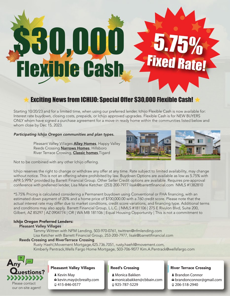 5.75% Fixed Rate Offer Available at Ichijo's Oregon Communities Starting 10/20/23! Homes Must Close by 12/15/23! Learn more at: ichijousa.com/state/oregon/