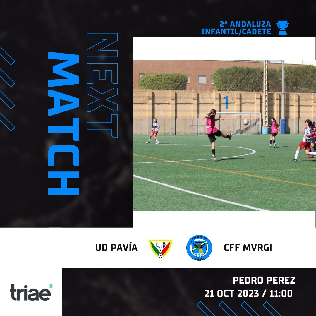 ⚽️Partido Triae Diseño &amp; Comunicación

➡Nuestro Cadete visitará al Pavía esta jornada con la intención de continuar sumando y alzarse en la tabla como uno de los candidatos a luchar por el título.

#cffemeninomvrgi
#futbolfemenino
#futfem
#EllasTambienJuegan