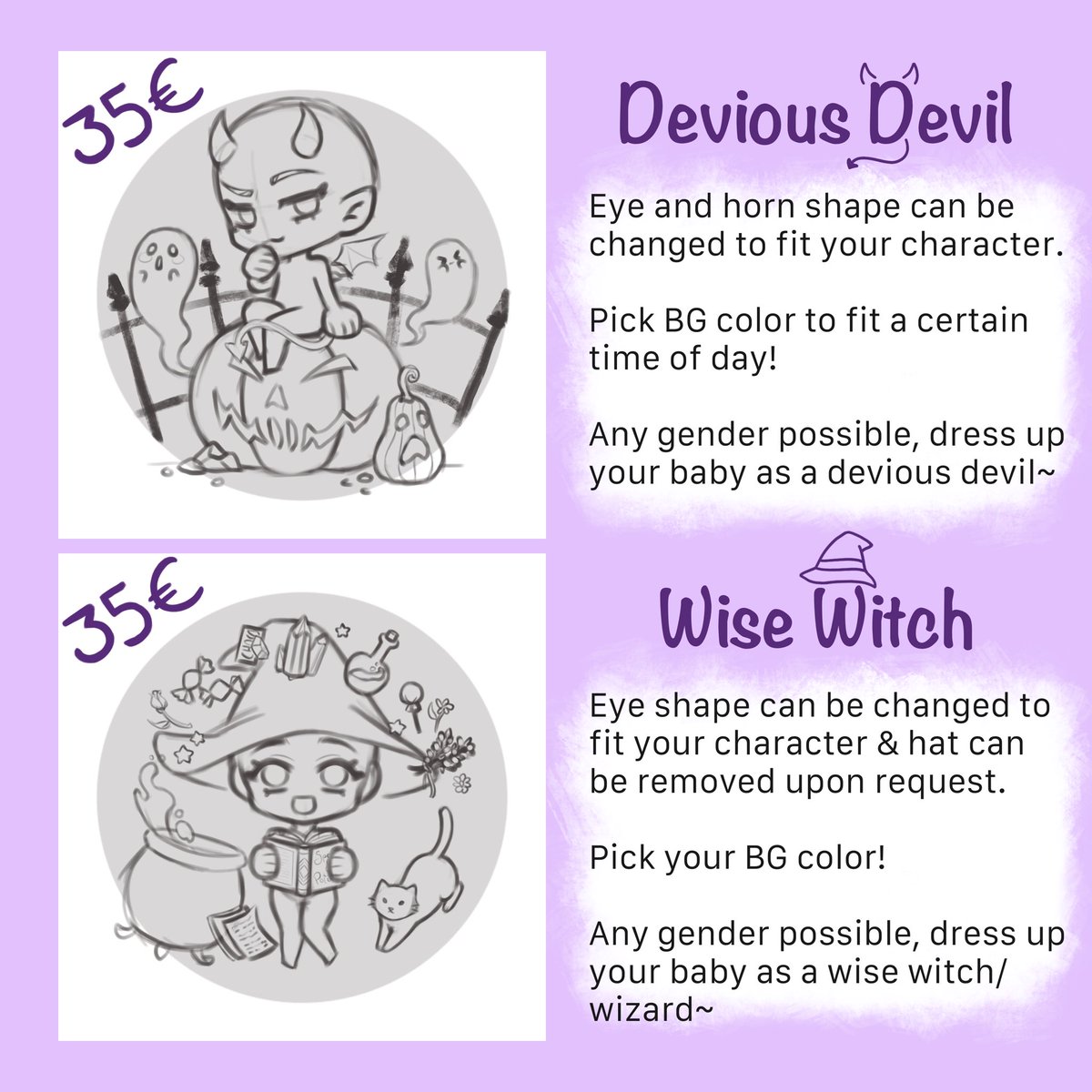 HoneyPvmpkin's tweet image. 🎃 Halloween YCH chibi c⭑mms OPEN! Shares and reposts are much appreciated~ 🎃
Please make sure to fully read my T.O.S. (including the second post) before requesting a c⭑mmissi⭑n!
3/5 slots available (2 already claimed by friends) &amp;lt;3