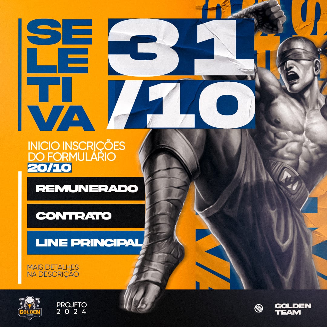 ABRIRAM HOJE AS INSCRIÇÕES PARA SELETIVA A NOVA LINE PRINCIPAL DA GOLDEN TEAM PARA 2024!!!
STAFF COMPLETA,REMUNERAÇÃO, CAMPEONATOS PAGOS PELA ORGANIZAÇÃO E MUITO MAIS!
APENAS MESTRE+
Formulário de inscrição e mais detalhes (e obrigatórios), favor ler o documento nos comentários!