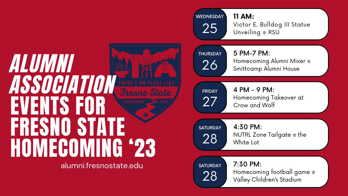 Homecoming is almost here! We're excited to announce our Victor E. Bulldog III Statue Unveiling, Alumni Association Homecoming Mixer, Homecoming Takeover at Crow and Wolf, and the NUTRL Zone Tailgate. Head to our website for event details! #FresnoStateHomecoming #BulldogForLife