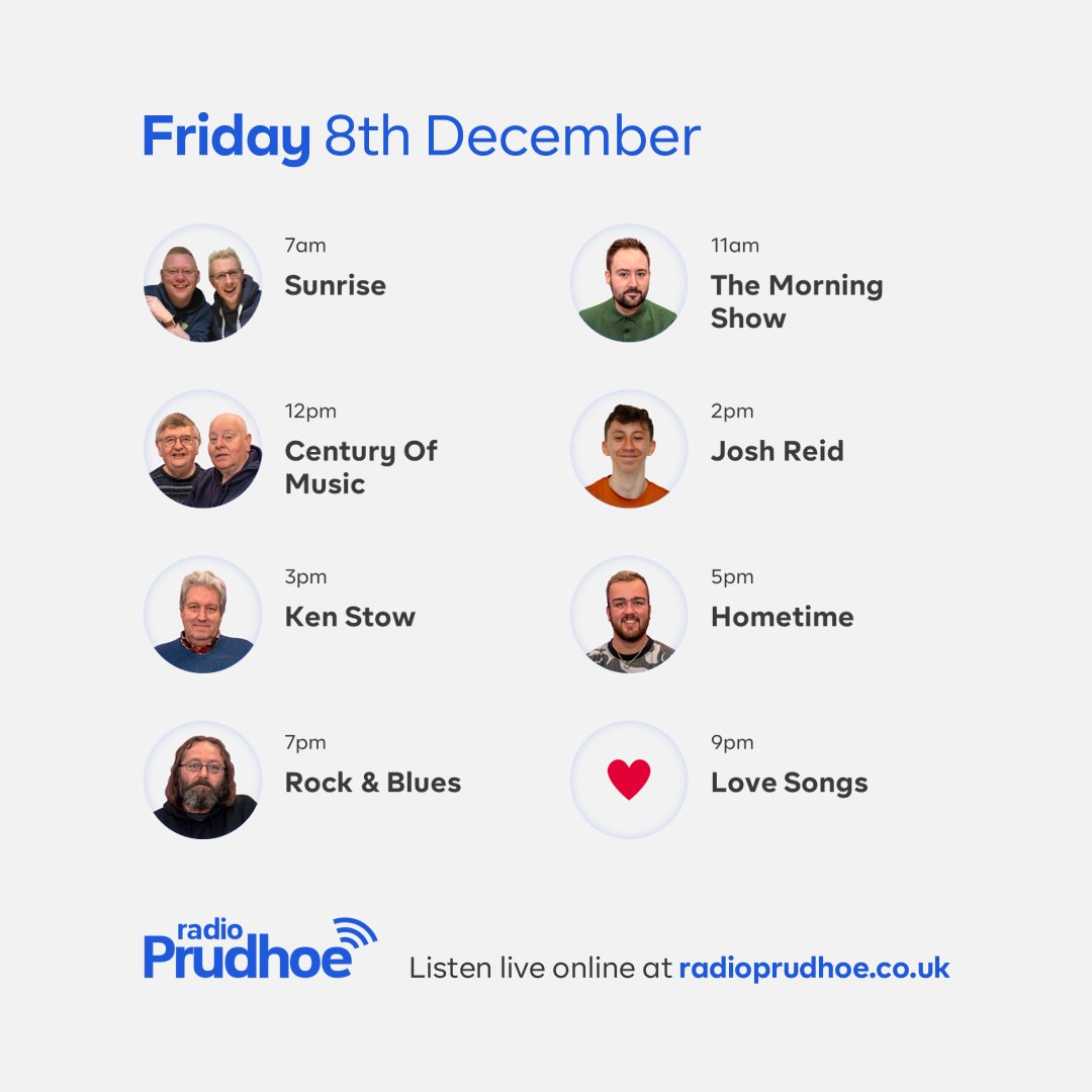 Good morning to you - it's Friday 8th December, and here's what's coming up on Radio Prudhoe today... 📻

Listen LIVE at radioprudhoe.co.uk or via the TuneIn app, and catch up on all your favourite shows after transmission at mixcloud.com/radioprudhoe 🎵