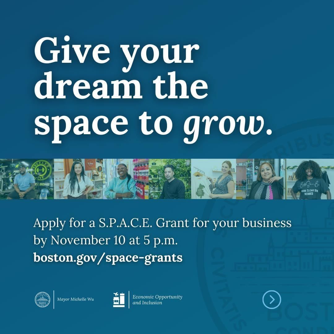 Entrepreneurs! Apply to Boston’s S.P.A.C.E. Grant program, a tremendous opportunity for business owners see their brick-and-mortar dreams come to life! 

Deadline is November 10 at 5 p.m., so be sure to apply at the link in our bio. Good luck!