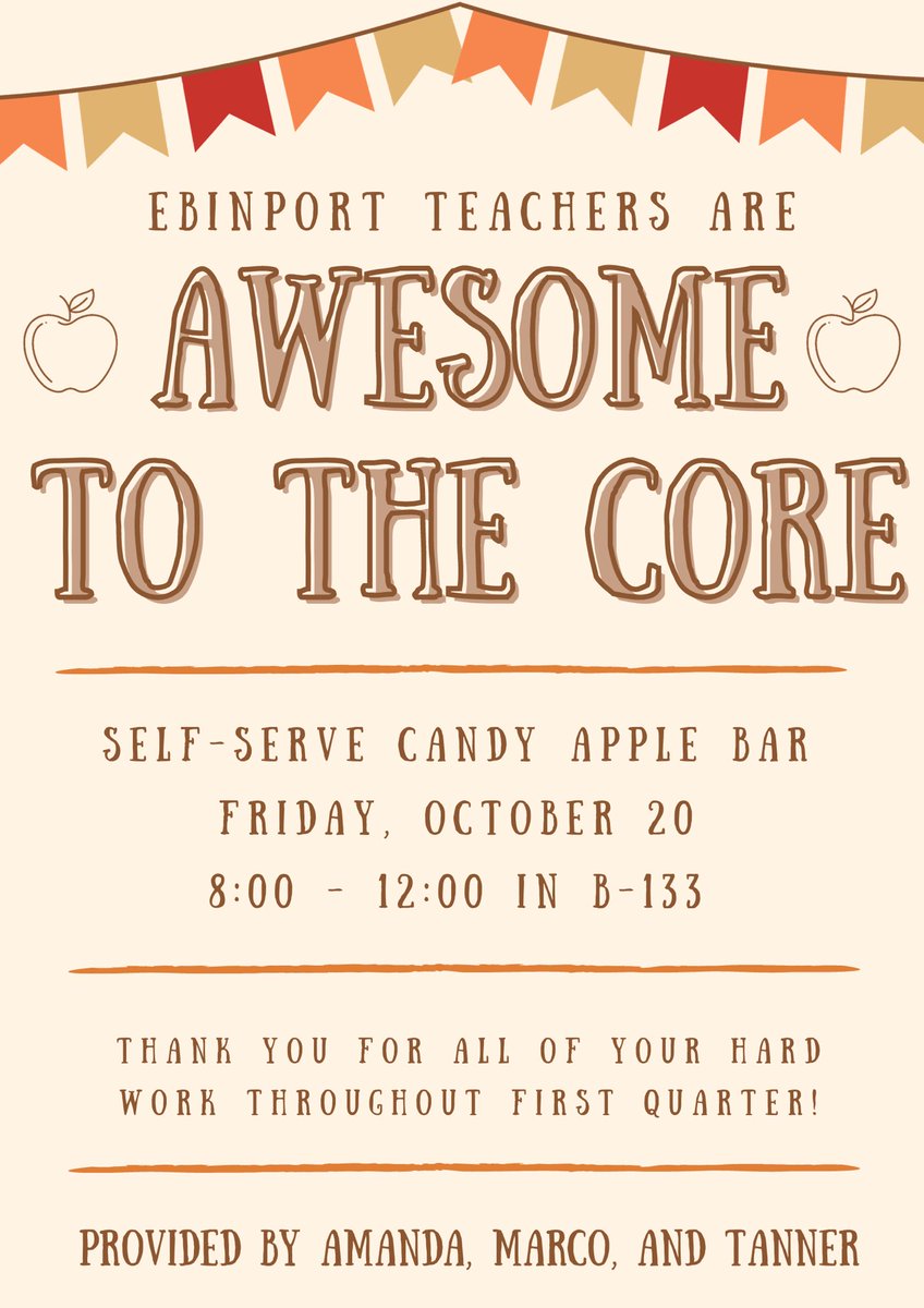 The three musketeers of B-133 loved hosting a candy apple bar for our teachers this morning to remind them that they are “awesome to the core.” Ebinport is full of the most #rocksolid teachers in town, and they deserved a half day sweet treat. Another reason why #EbinportLiftsMe!