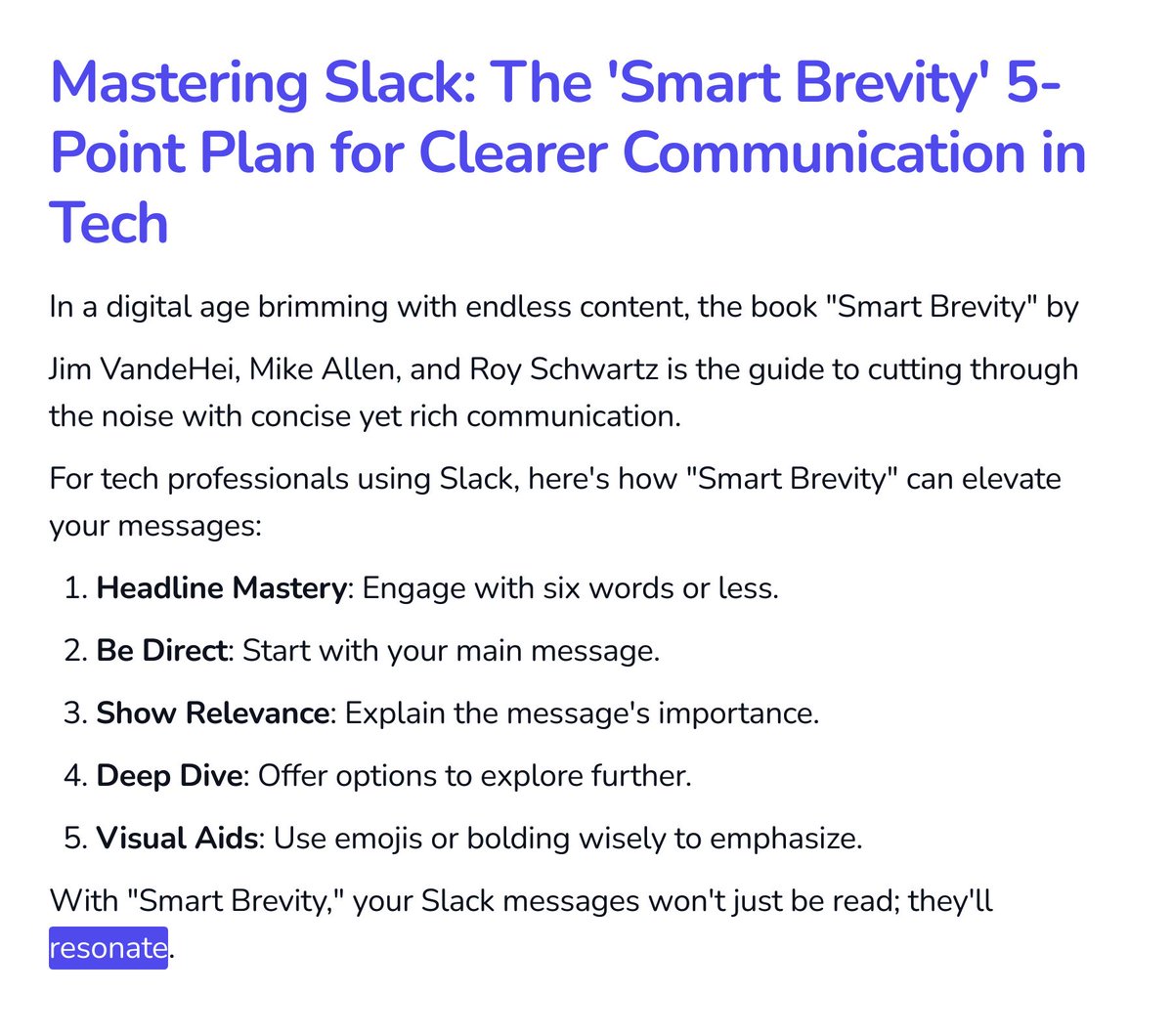 binarybias_'s tweet photo. Mastering Slack: The 'Smart Brevity' 5-Point Plan for Clearer Communication in Tech

Have you read this book already? Did you have any take aways? https://t.co/pPXdqYCeS0