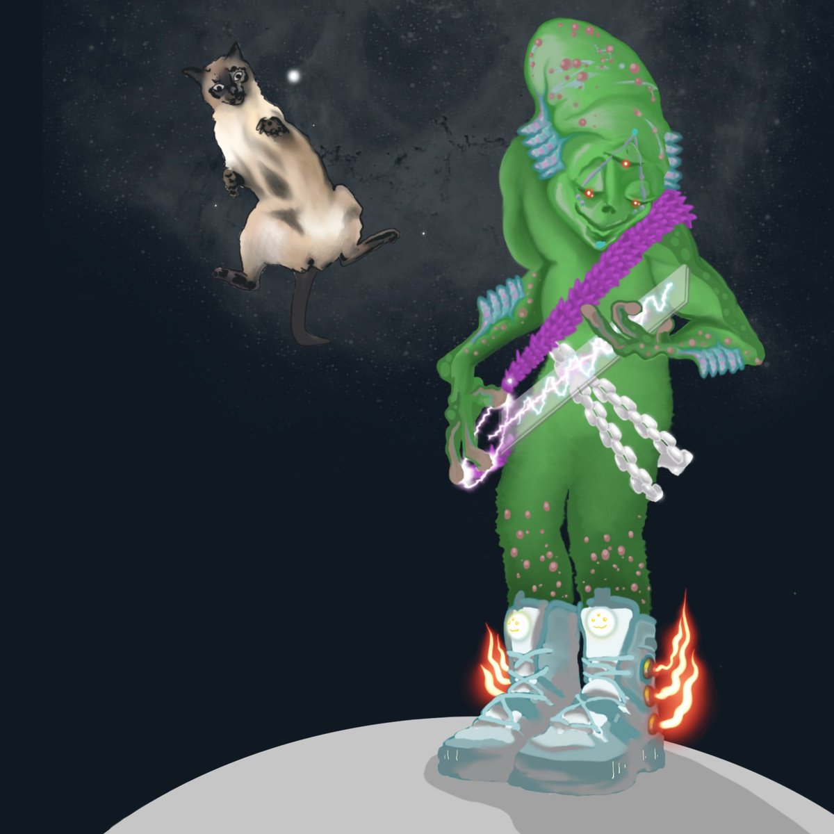 travisewarlick's tweet photo. Alien guitar cool boots and a cat. 2023 Atomic Affection https://t.co/tGU5ZS18Sc