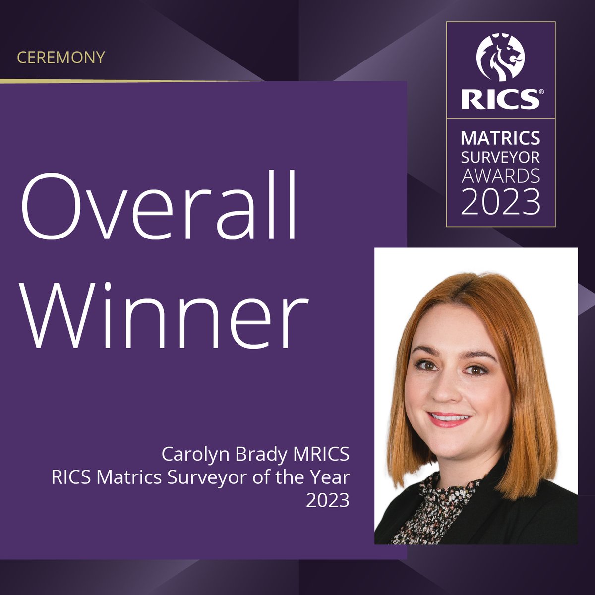 We are honoured to announce that the RICS Matrics Surveyor of the Year 2023 is Carolyn Brady MRICS, from the Building Surveyor/Control Surveyor category. Our congratulations go to Carolyn on winning this prestigious award!