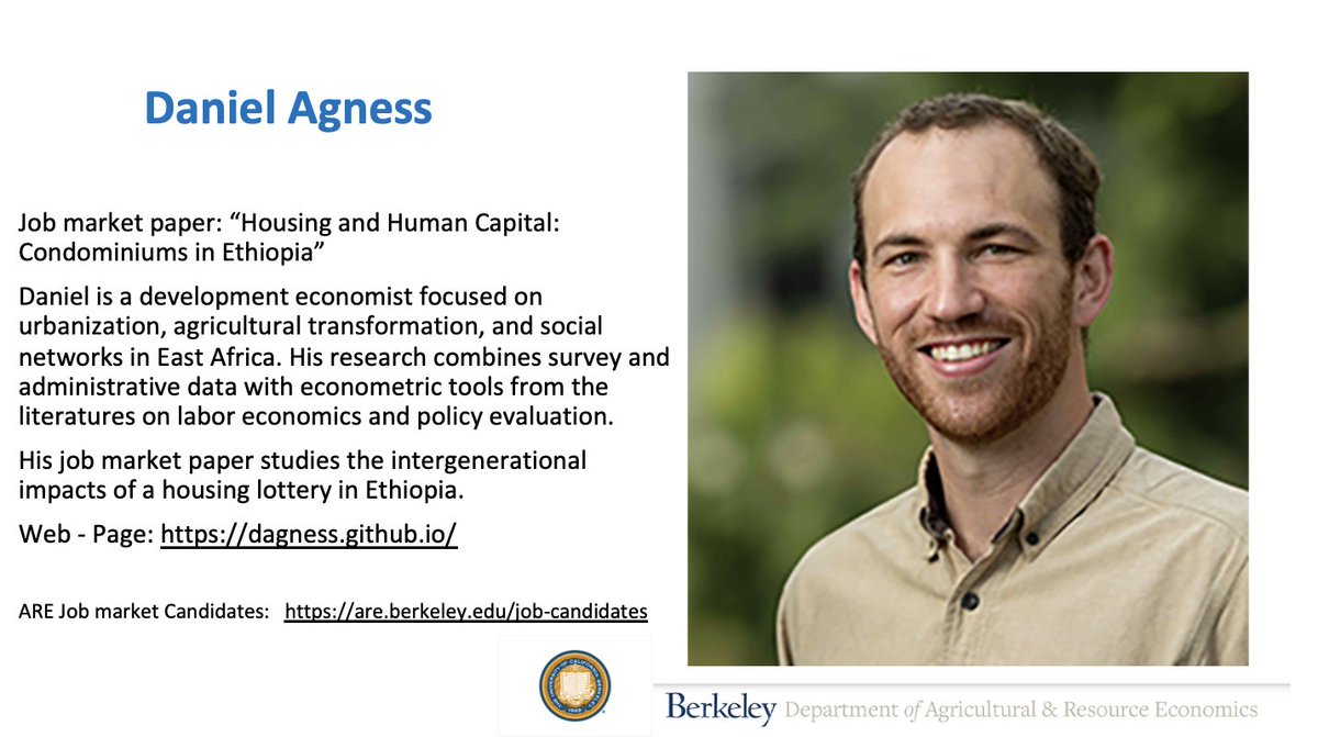 Daniel Agness Daniel is a development economist focused on urbanization, agricultural transformation, and social networks in East Africa. His job market paper studies the intergenerational impacts of a housing lottery in Ethiopia. Web - Page: dagness.github.io