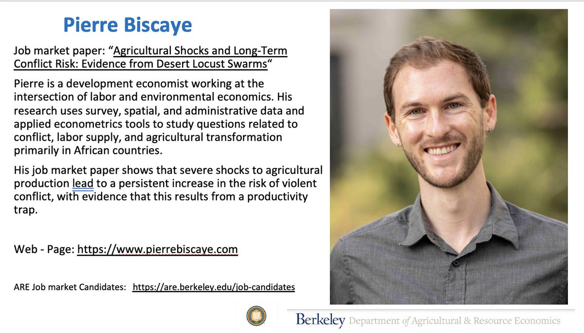 Pierre Biscaye is a development economist at the intersection of labor & env economics. His jobmarket : severe shocks to ag production lead to increase in the risk of violent conflict, with evidence that this results from a productivity trap. Web - Page: pierrebiscaye.com
