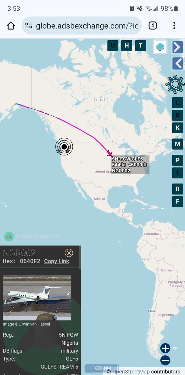 Nigeria Govt. GLF5 5N-FGW #0640F2 as NGR002 out of Anchorage, tracking across midwest US at FL 450