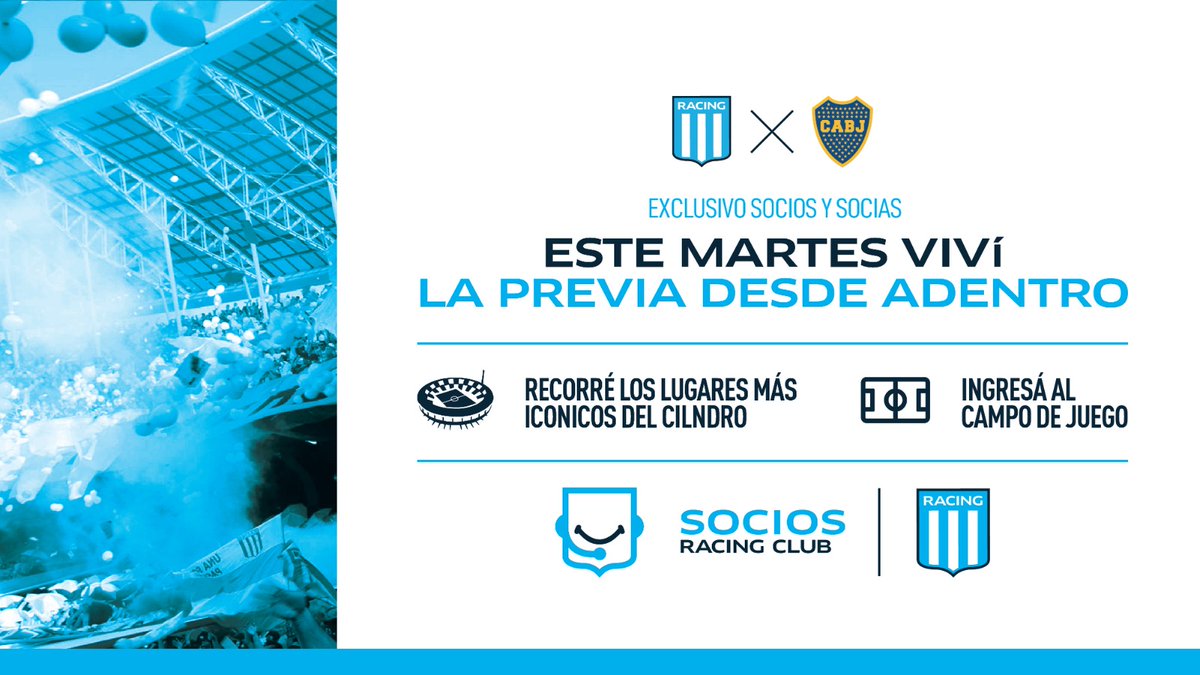 💙 Sorteo exclusivo para socios y socias 🤍

Participá por 2 cupos de Experiencia VIP y viví la previa del clásico desde el césped del Cilindro.

¿Cómo podés ganarlo? 👇
✅ Cuota de octubre 2023 abonada
✅ Comentá los 3 últimos números de socio/a
✅ Dale RT a la publicación

2⃣