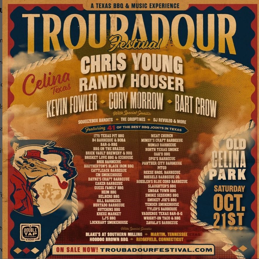 We will be at the Troubadour Festival in Celina, TX this Saturday 🔨 Stop by our booth for some Jim Adler merch 💪 
#TroubadourFestival #ChrisYoung