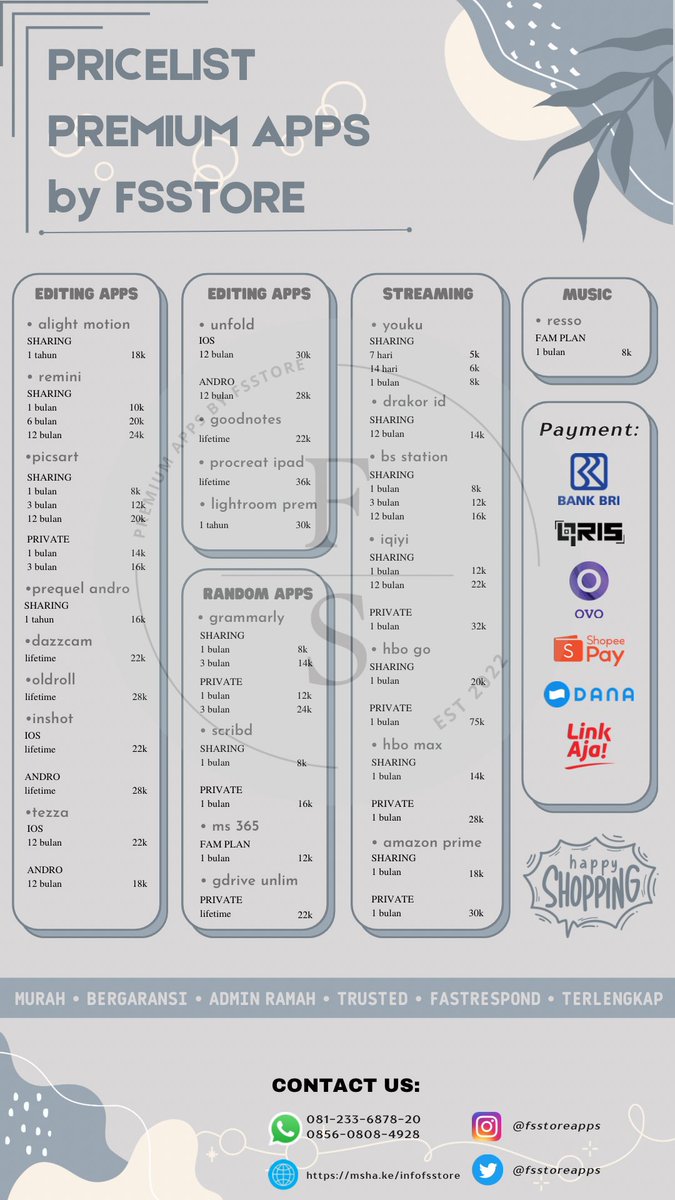 holaafar's tweet photo. @therealshoc Hallo, need 𝗮𝗽𝗹𝗶𝗸𝗮𝘀𝗶 𝗽𝗿𝗲𝗺𝗶𝘂𝗺? @fsstoreapps bisa langsung proses 🥰 #zonauang

❀ fast respond on WA ☞ { https://t.co/ukEsXByQ1c }
❀ murce, bergaransi &amp; terlengkap
❀ all payment
❀ 100% trusted
❀ 100++ testi https://t.co/Mw7dxt1fTQ