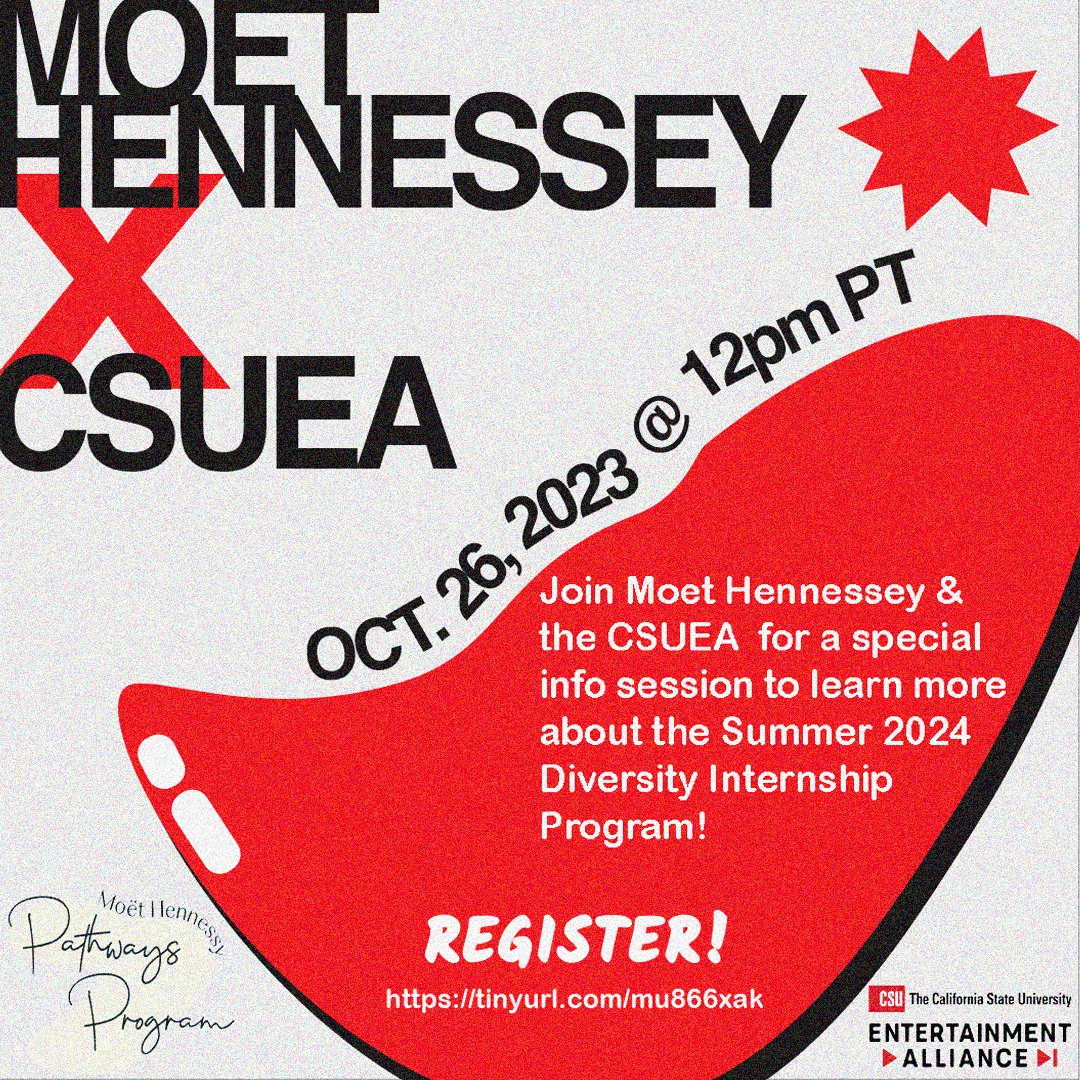 CSUEA has partnered with Moet/Hennessey to host a Zoom session on 10/26 discussing their Pathways Program–– a summer sales internship designed for diverse students. It pays $32/hour &amp; has the opportunity for international travel. Scan the QR code for more info &amp; to apply!