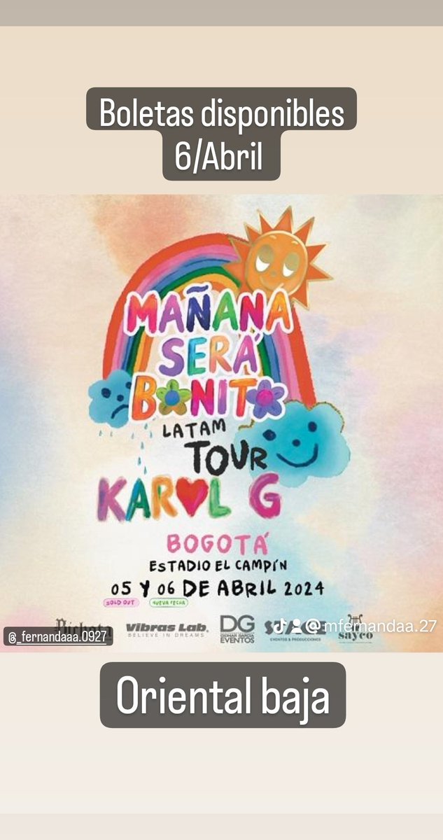 Mfernandaaaa_27's tweet photo. Tengo 2 boletas para Karol g, oriental baja para Bogota segunda fecha. #Karolg https://t.co/dTfRPfv8sF
