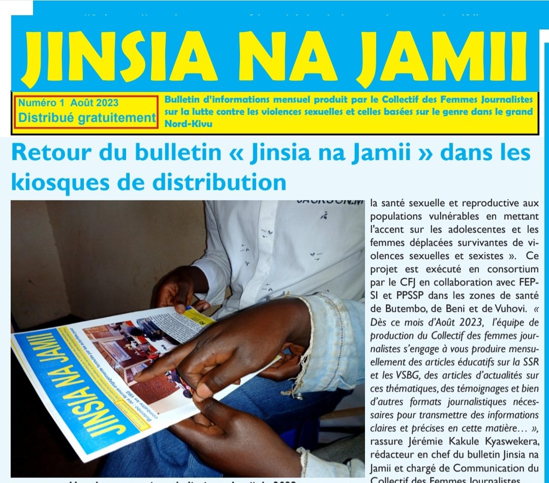 CFJ_rdcongo's tweet photo. Cher.eres #lecteur. trices,ns avons le réel plaisir de vous annoncer le retour du #bulletin "Jinsia na Jamii" ds les #kiosque de distribution.Aprs environ 4mois de suspension,ce mensuel dinformation spécialisé est de nouveau disponible grâce au financemnt de #AVCD via #Farmamundi https://t.co/1HPzyC2Cll