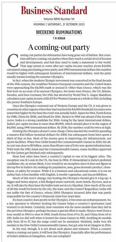 TamalBandyo's tweet photo. Hosting Olympics is making a statement to the world. TN Ninan’s #WeeklyRuminations in @bsindia https://t.co/oXRy71ox4B