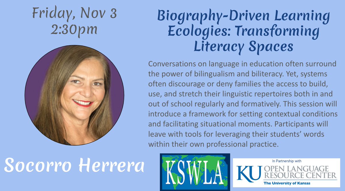 🪫2 WEEKS UNTIL @KSWLA CONFERENCE
Join us &amp; learn from Dr. <a href="/SococoAtKSU/">Socorro Herrera</a> 💜 <a href="/KState/">K-State</a> <a href="/KSUCollegeofEd/">K-State College of Ed</a> <a href="/KStateModLangs/">K-State Modern Languages</a> 
💙#kswla23 #langchat #ksedchat #kslangchat kswla.org/.../kansas-wor……...