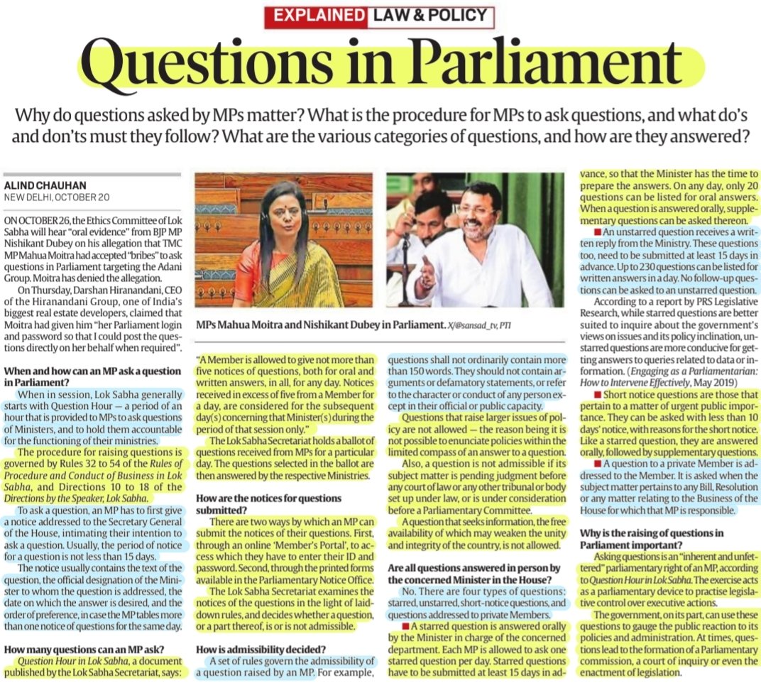 imRavikantYadav's tweet photo. 'Questions in Parliament'
Details: Procedure to ask #questions in #Parliament,types of questions,their admissibility &
More info..
#QuestionHour
#Starred #Unstarred #ShortNotice #PrivateMember #question
#MahuaBriberyScam #DarshanHiranandani
#Polity #Law
#UPSC
Source: IE https://t.co/7IHJpnchvd