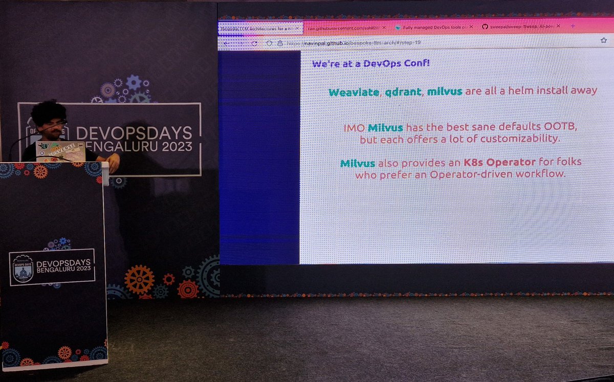 DevOpsBarbie's tweet photo. Navin mentions Weaviate, milvus, qdrant, that are "just a helm-install away", but prefers Postgres 🐘 (or: pgvector) for most use cases #devopsdays https://t.co/QJviFyI89K