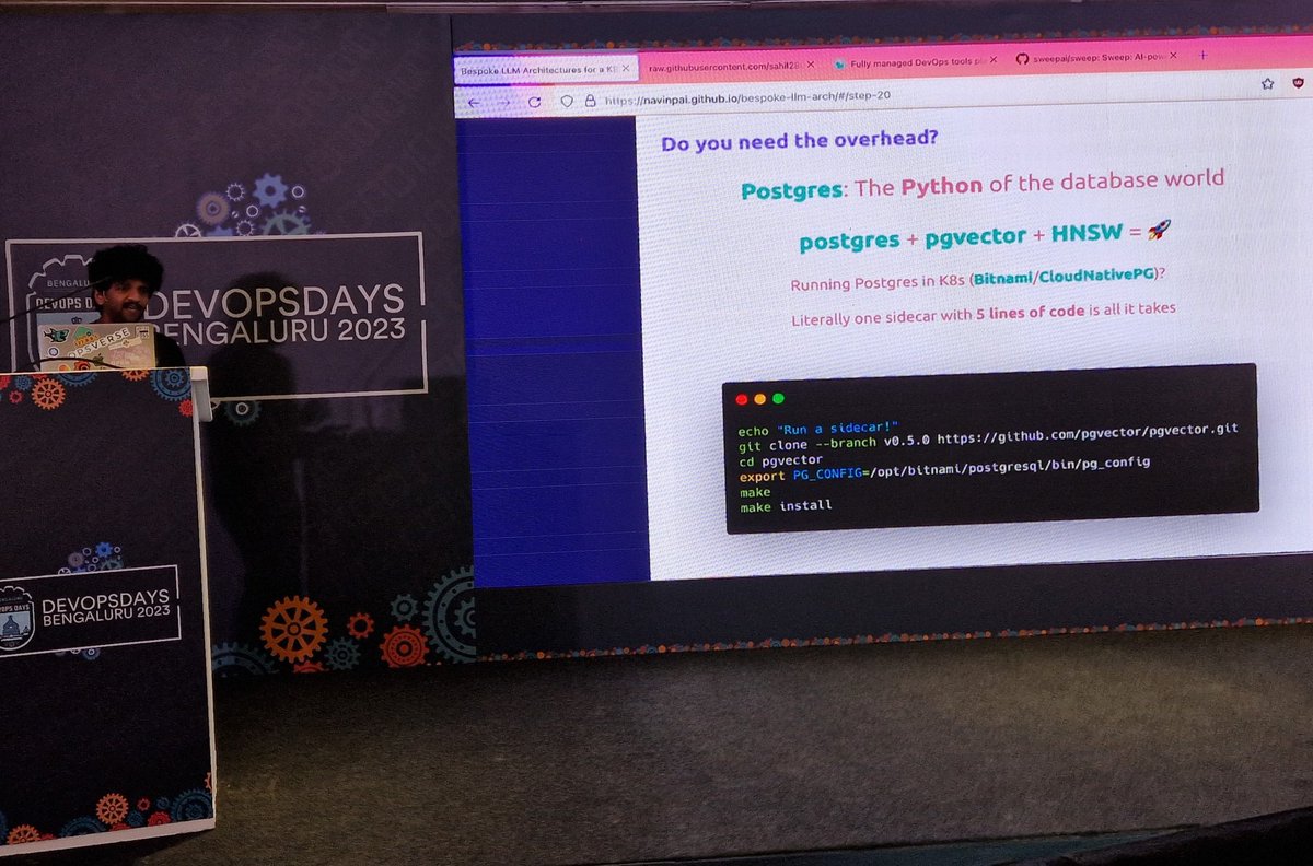 DevOpsBarbie's tweet photo. Navin mentions Weaviate, milvus, qdrant, that are "just a helm-install away", but prefers Postgres 🐘 (or: pgvector) for most use cases #devopsdays https://t.co/QJviFyI89K