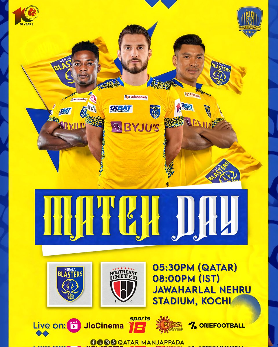 'Matchday excitement is here! ⚽🔥'

Let's rally in support of our team and paint the day yellow! 💛🎉🏆 
#Matchday #KeralaBlastersMagic #കേരളബ്ലാസ്റ്റേഴ്‌സ് #KBFC #yennumyellow #keralablasters #qatarmanjappada #keralablastersfans