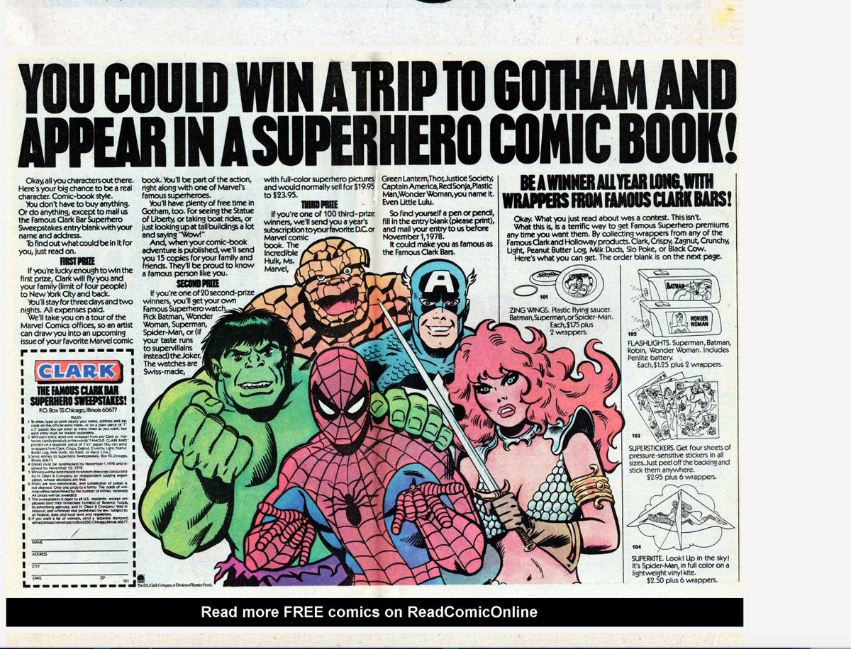 #MarvelSuperheroes #JohnRomitaSr #Hulk #SpiderMan #RedSonja #CaptainAmerica #TheThing 
#ClarkBar 
John Romita Sr, like Neal Adams, did quintessential versions of comic book heroes & villains. What a cool ad this was.  

Also, 'diabetes.'