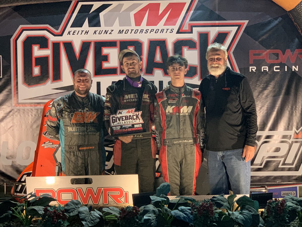 Winner of #RushRaceGear night 2 of @KKMgiveback @POWRi_Racing non wing Outlaw feature is @FrankFludRacing , he locks himself into Saturday night’s $15,000 to win main event along with Gavin Miller 2nd, and Chris Andrews 3rd.