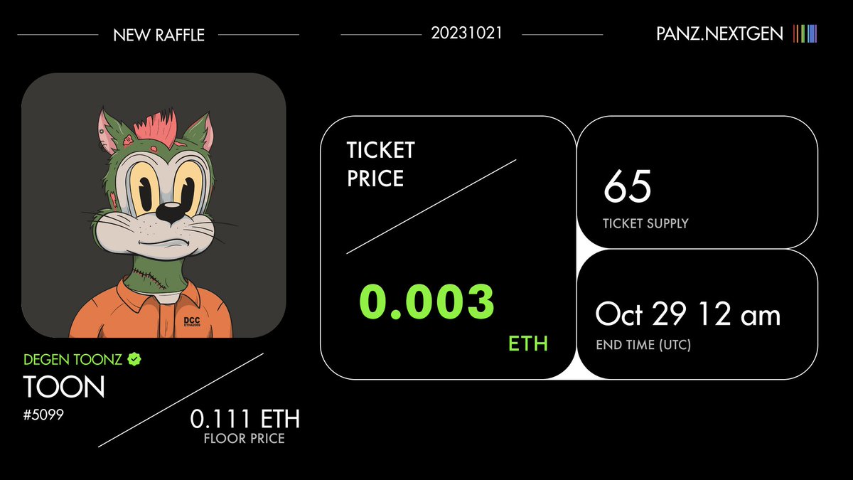 Buckle up and join the ride!

Just entered the raffle for [TOON #5099] <a href="/PANZNEXTGEN/">PANZ.NEXTGEN</a>! 🍀 🎟️

Get in on the fun before it's too late: raffle.toonzdao.com/play/assets/et… @PANZPLAY