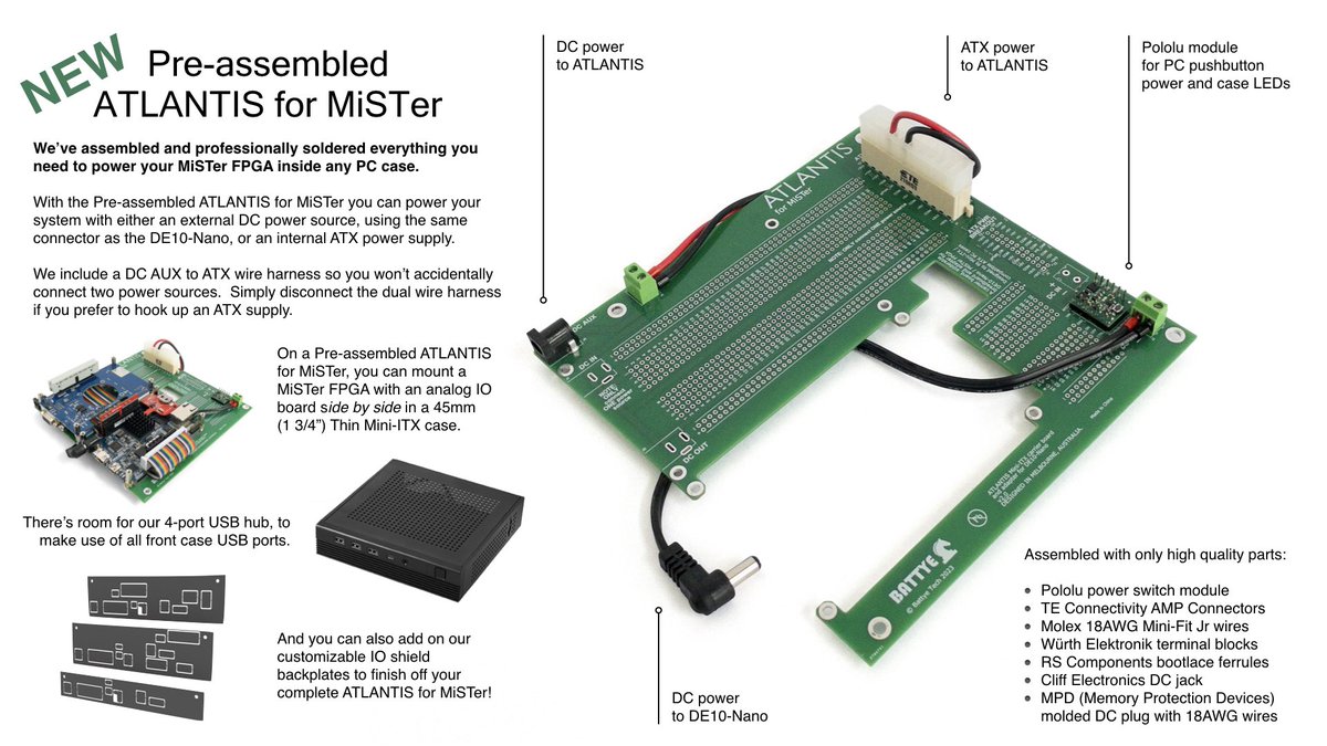 Pre-assembled #ATLANTISforMiSTer available this October 23, with an introductory offer of only $25 (AUD$39).

We’ve soldered all the parts you need to build a SUPREME #MiSTerFPGA console.

Just drop in your #DE10Nano to play.

Customisable backplates will also be available!