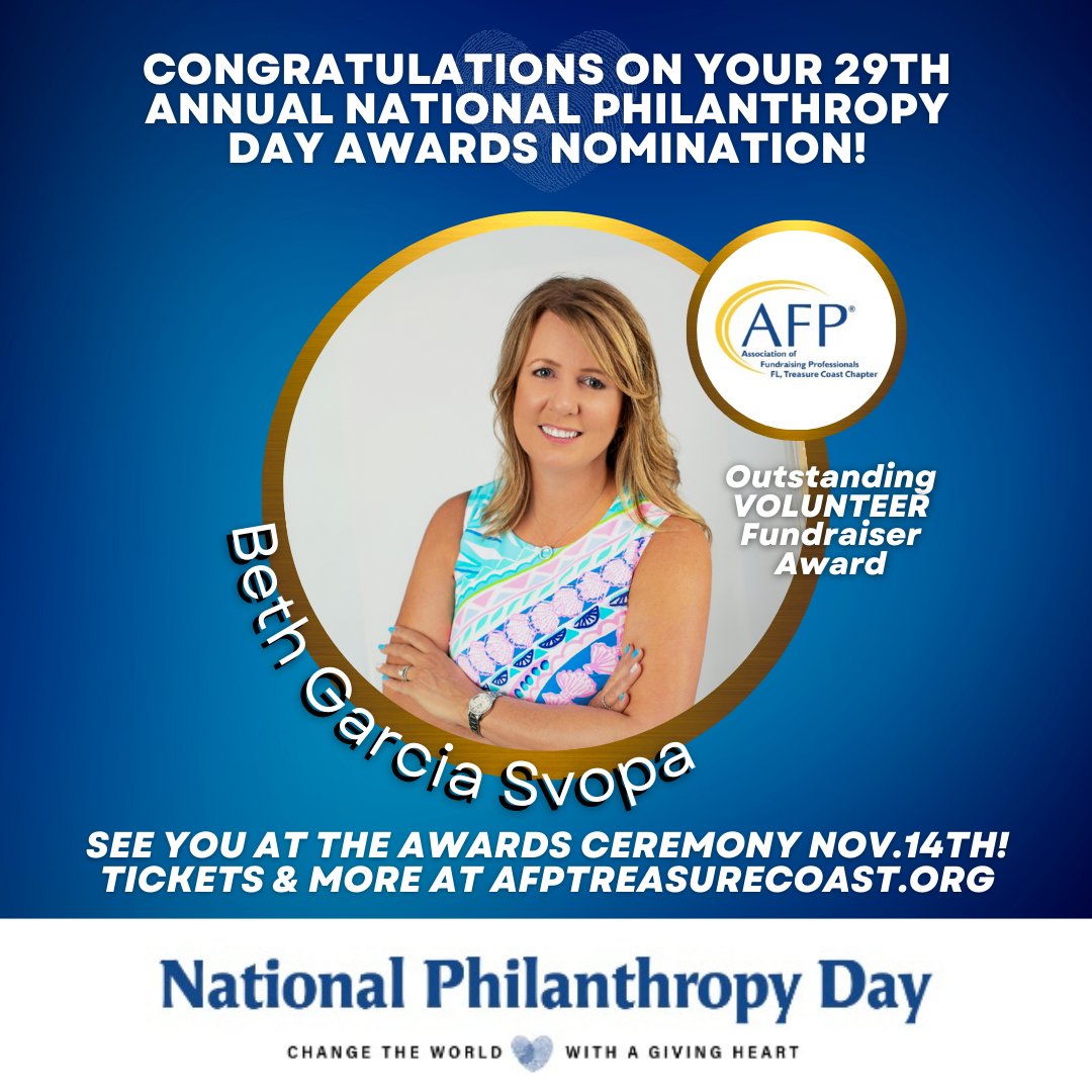 AFP_TC's tweet photo. 𝗖𝗢𝗡𝗚𝗥𝗔𝗧𝗨𝗟𝗔𝗧𝗜𝗢𝗡𝗦! to Beth Garcia Svopa on your 29th Annual National Philanthropy Day Awards Nominations for Outstanding VOLUNTEER Fundraiser Award!🏆✨ https://t.co/DZilBJet5y