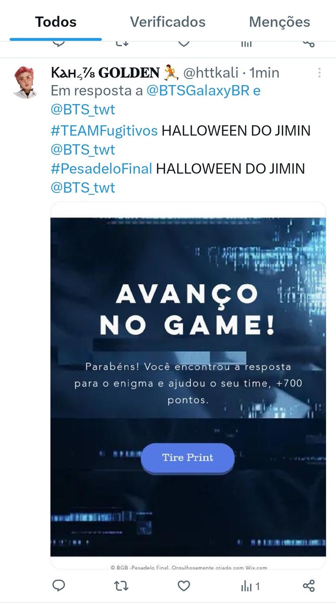 BTSGalaxyBR's tweet photo. Isso mesmo! O #TeamFugitivos foi o primeiro a tirar print do avanço no game! +700 pontos!
BORA #TeamSaw, ainda dá para virar! 🔥
#PesadeloFinal HALLOWEEN DO JIMIN @BTS_twt https://t.co/JBCKSGM7zD