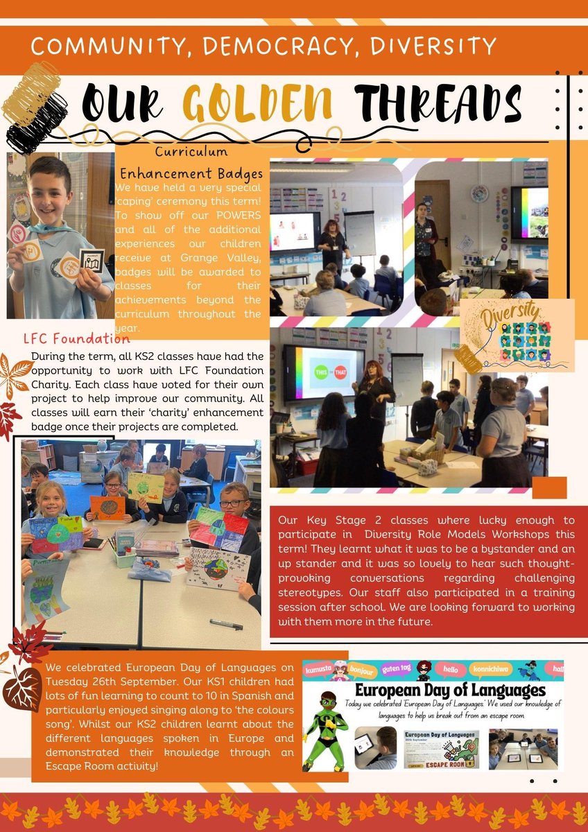 GrangeValley1's tweet photo. Take a look at our Curriculum Newsletter which celebrates some of the wonderful learning that has taken place so far this academic year! #GuideChallengeAchieve #GoldenThreads #Democracy #Diversity #Community #POWERScurriculum https://t.co/nu8XutnINO