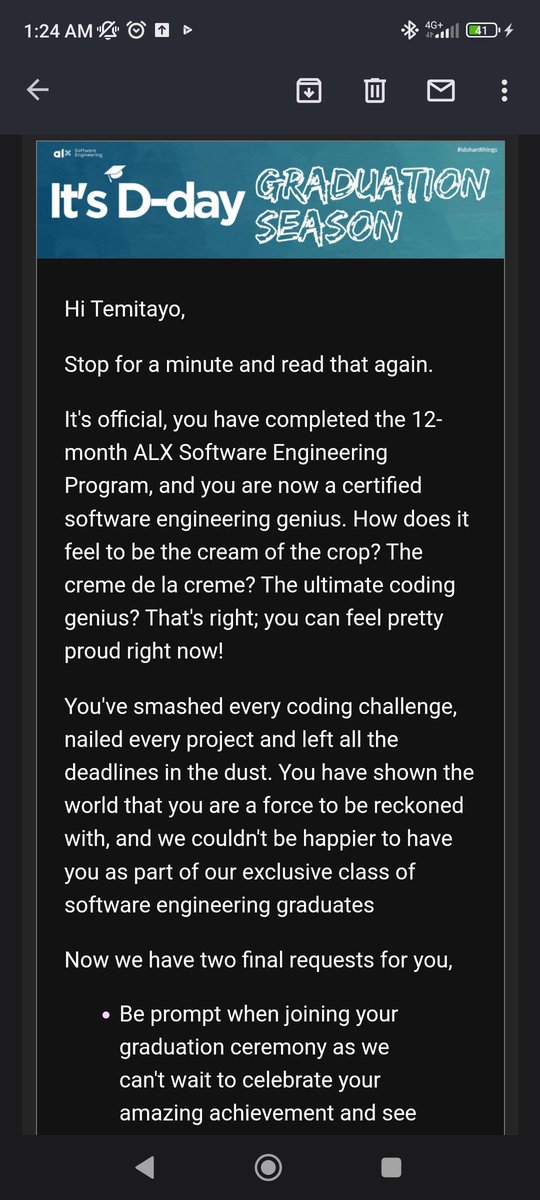Hurrrrayyy🎉🎉

I'm Officially a graduate of ALX software engineering program 🎉🎉

It's been a really long and amazing journey

Just want to thank <a href="/facesofalxse/">Faces of ALX SE</a> and <a href="/alx_africa/">ALX Africa</a> for giving me the opportunity to learn. 
#ALX_SE #dohardthing #cohort_9
#alx_africa