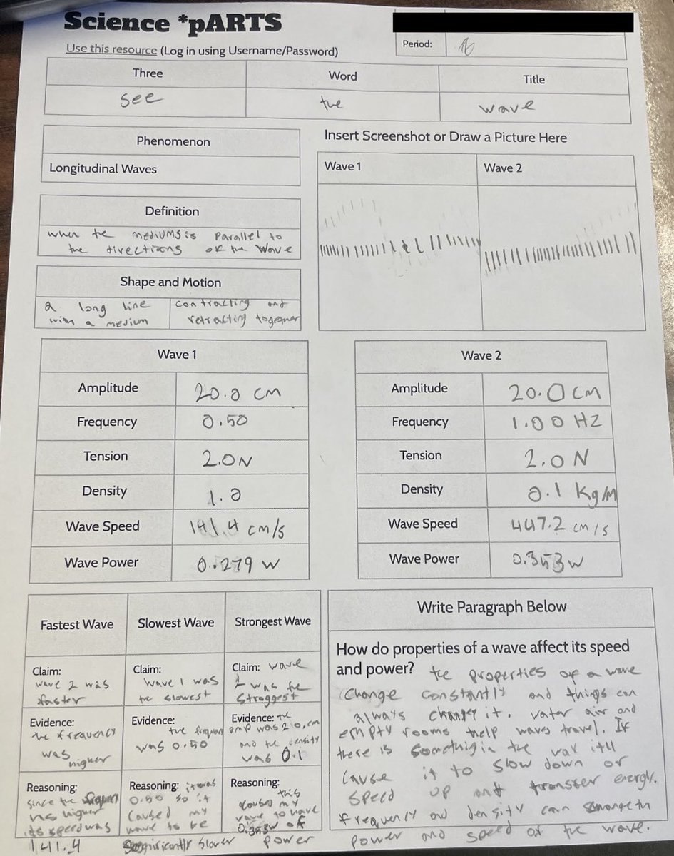 arianakhern's tweet photo. #IntegratedScience Ss used #Science *pARTS to gather data on different wave types.
They used a #Gizmos simulation to adjust wave properties and compare wave speed & power, then write a quick #3XCER and summary. Having a lot of fun with this template! #Eduprotocols #SciencepARTs https://t.co/BC4iylP26n