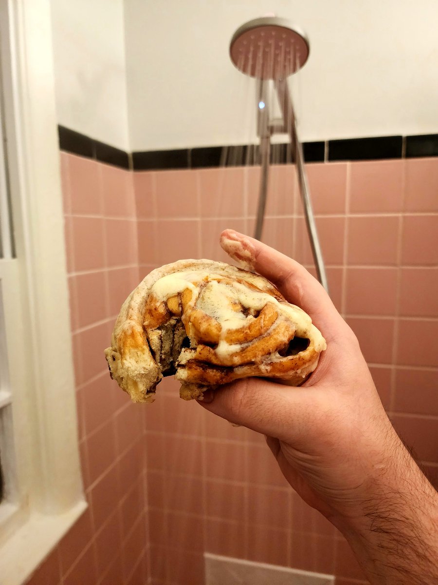Shower Food Review 99: Cinnabon - It's Friday night &amp; Im headed to my favorite bar so Im having my weekly pregame Cinnabon. This bad boy clogs up my system making it difficult for alcohol to be absorbed by my body allowing me to stay sober &amp; alert no matter how much I drink. 9/10