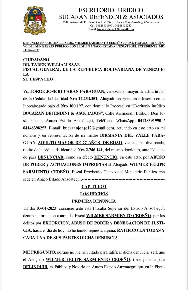 jjbucaran's tweet photo. Hoy denuncie ante la FSMP de Anz, al Fiscal 8 de Ánaco, Abog Wilmer Sarmiento, por Abuso de Poder, Extorsión  y actuaciones I., dicha denuncia fue recibida por la Fiscal  Superior Aux. de Anz., dónde  no me dieron acuse de recibo, es por ello que dejó constancia por  está vía. https://t.co/4COYZazbEe