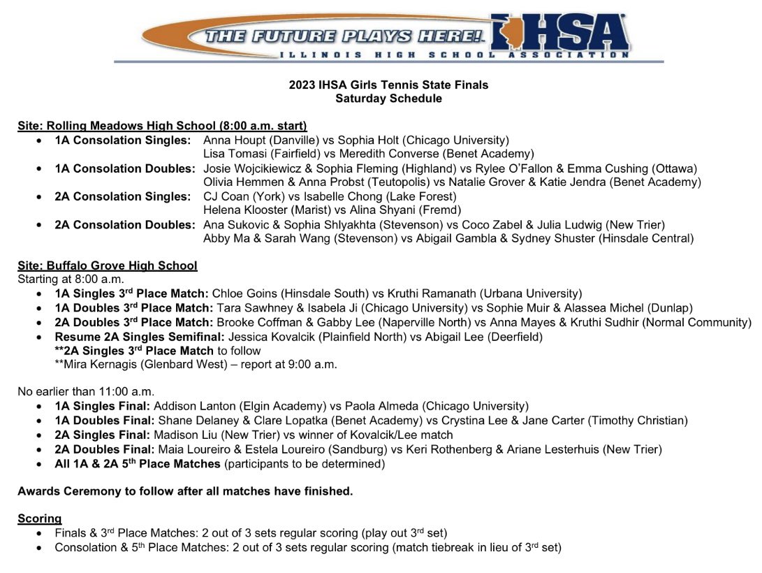 DLizzle4's tweet photo. Thursday: 259 matches completed at 12 sites
Friday: 212 matches completed at 6 sites

Thank you to all players, coaches, and site directors for adjusting to the changes due to weather! The @IHSA_IL girls tennis state finals is back on schedule. See tomorrow’s lineup👇 https://t.co/Fc5EW0IeUs