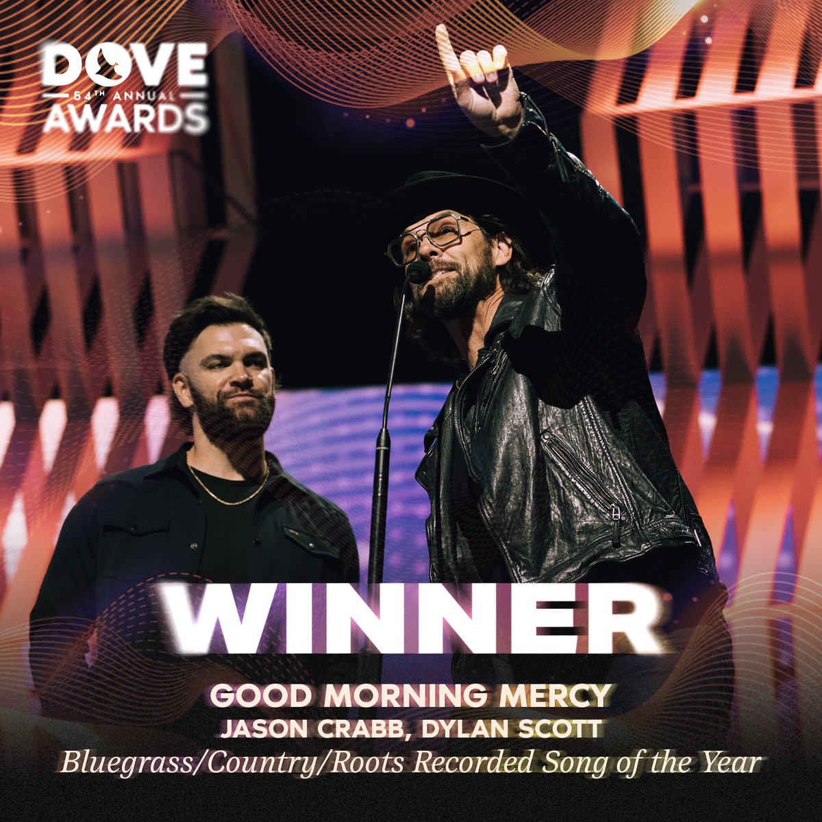 Congratulations to Jason Crabb and Dylan Scott for winning BLUEGRASS/COUNTRY/ROOTS RECORDED SONG OF THE YEAR for “Good Morning Mercy” at the 54th Annual GMA Dove Awards!