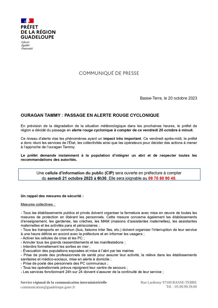 Prefet971's tweet image. #OuraganTammy  ⚠️Passage en alerte rouge cyclonique ce vendredi 20 octobre à minuit.
Plus d'informations ici 👉bit.ly/48YXPV3
